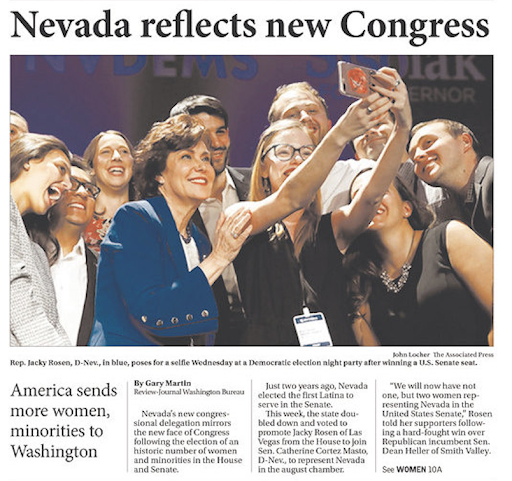 Newspaper clipping of an article titled Nevada reflects new Congress and a campaign photo of Jacky Rosen taking a selfie with smiling people at an election night party